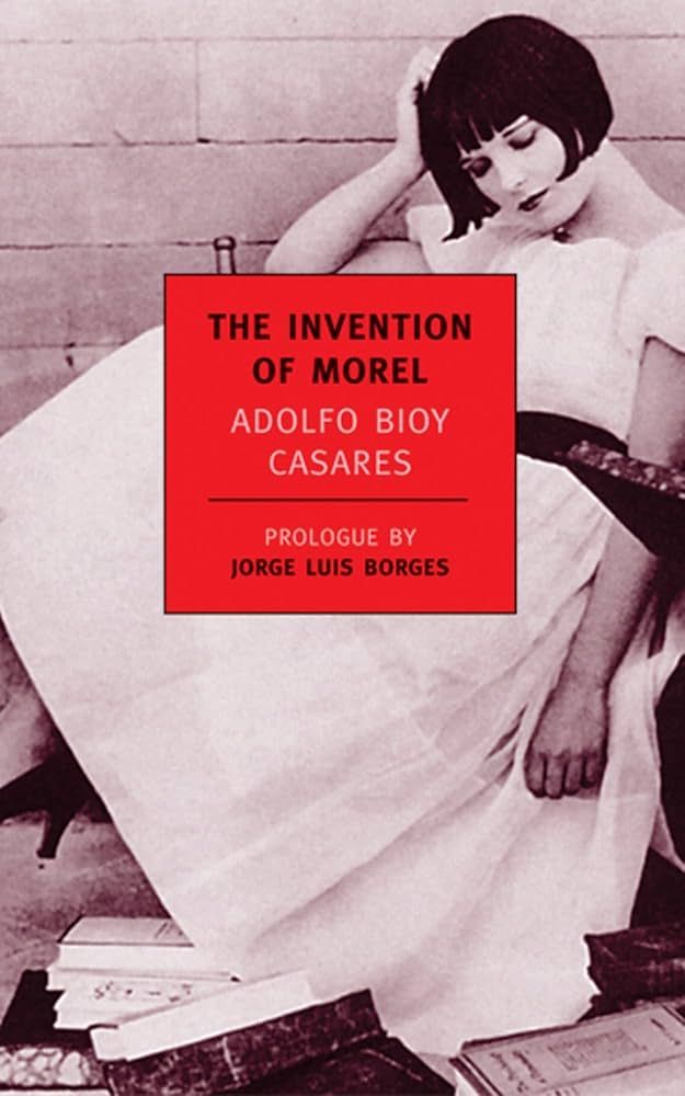 The Invention of Morel book cover with an image of a dark-haired woman, seated